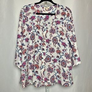 Style & Co. Womenʻs White | Blue Floral 3/4 Sleeve Button Down Blouse Large